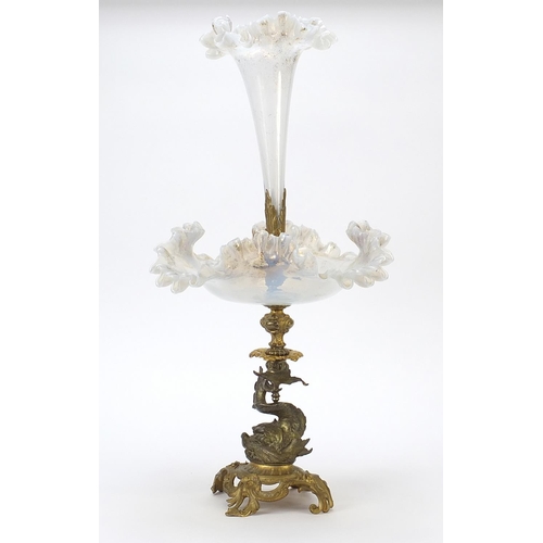 859 - 19th century opaline glass and gilt bronze dolphin centrepiece with frilled glass flute, 56cm high