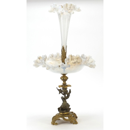 859 - 19th century opaline glass and gilt bronze dolphin centrepiece with frilled glass flute, 56cm high