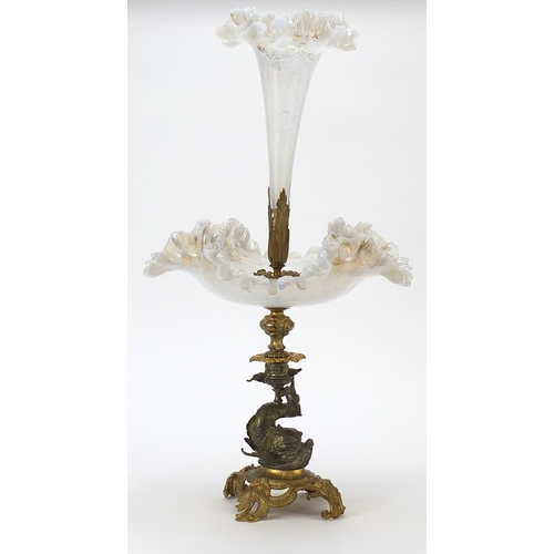 859 - 19th century opaline glass and gilt bronze dolphin centrepiece with frilled glass flute, 56cm high