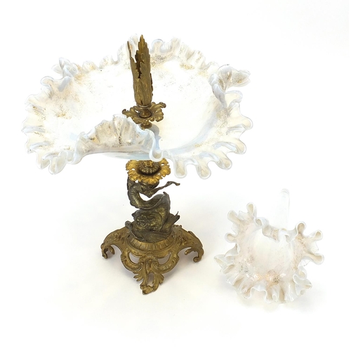 859 - 19th century opaline glass and gilt bronze dolphin centrepiece with frilled glass flute, 56cm high