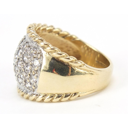 1066 - Large 9ct gold clear stone cluster ring with rope twist design band, size U, 10.0g