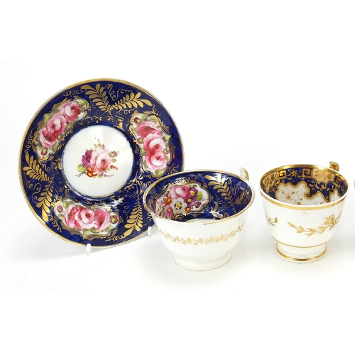 864 - Early 19th century teaware including Derby and a cobalt blue ground cup and saucer finely hand paint... 