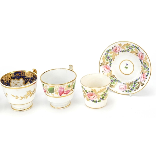 864 - Early 19th century teaware including Derby and a cobalt blue ground cup and saucer finely hand paint... 