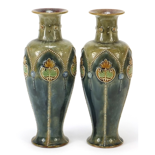 37 - Ethel Beard for Royal Doulton, pair of Art Nouveau stoneware baluster vases decorated with stylised ... 