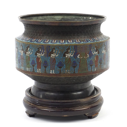 1008 - Large Chinese Egyptian revival cloisonné planter on carved hardwood stand, overall 30.5cm high x 27c... 