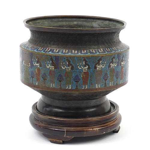 1008 - Large Chinese Egyptian revival cloisonné planter on carved hardwood stand, overall 30.5cm high x 27c... 