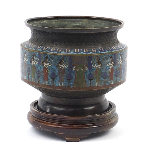 1008 - Large Chinese Egyptian revival cloisonné planter on carved hardwood stand, overall 30.5cm high x 27c... 