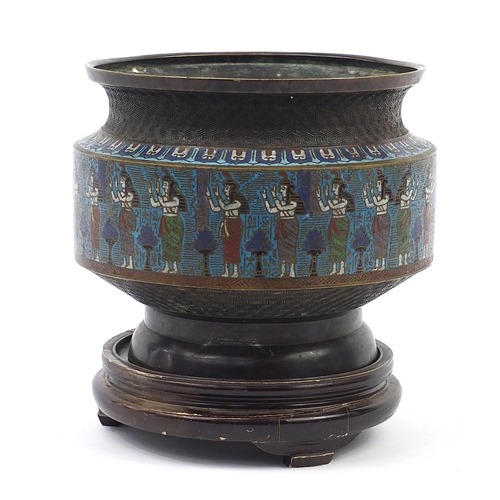 1008 - Large Chinese Egyptian revival cloisonné planter on carved hardwood stand, overall 30.5cm high x 27c... 