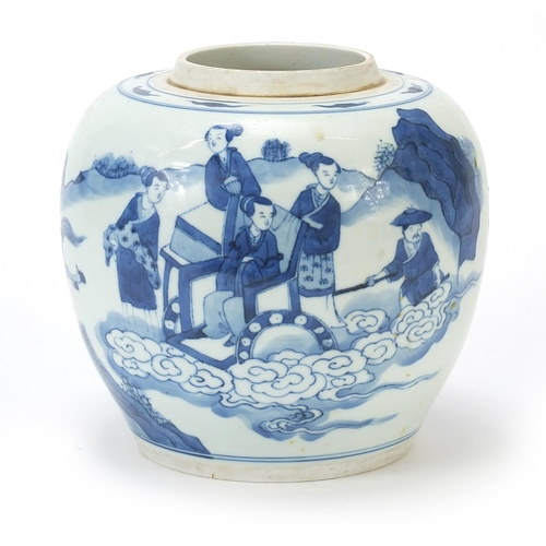 461 - Chinese blue and white porcelain ginger jar hand painted with figures in a palace setting, Kangxi le... 