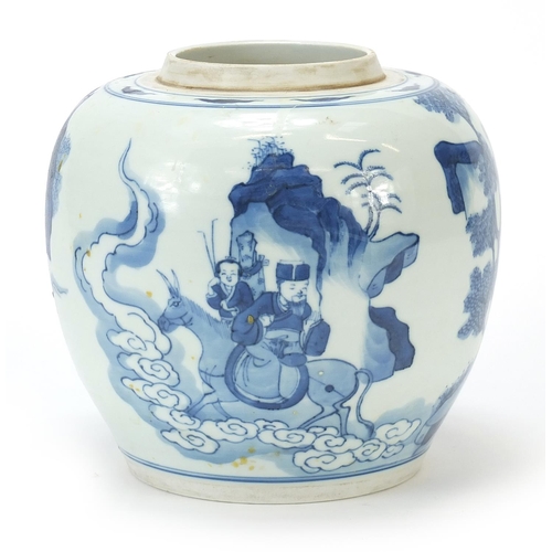 461 - Chinese blue and white porcelain ginger jar hand painted with figures in a palace setting, Kangxi le... 