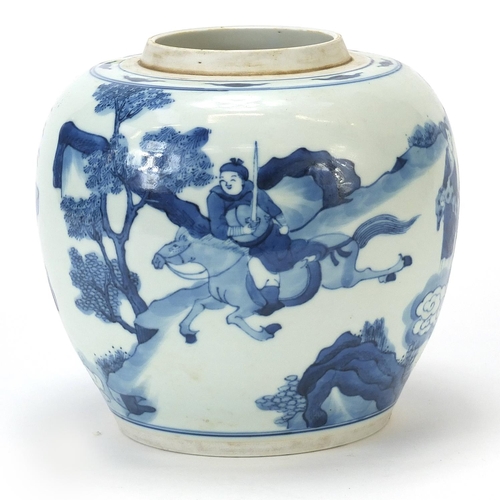 461 - Chinese blue and white porcelain ginger jar hand painted with figures in a palace setting, Kangxi le... 