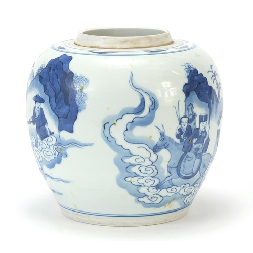 461 - Chinese blue and white porcelain ginger jar hand painted with figures in a palace setting, Kangxi le... 