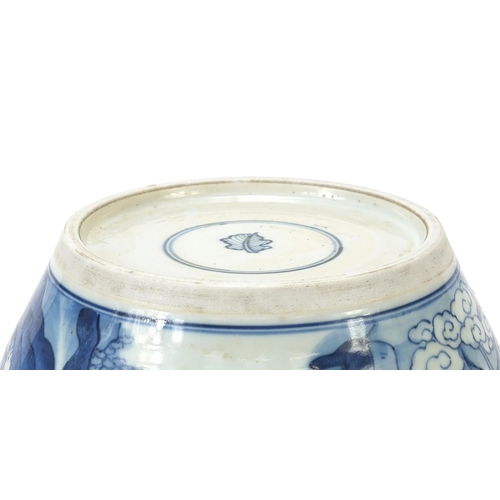 461 - Chinese blue and white porcelain ginger jar hand painted with figures in a palace setting, Kangxi le... 