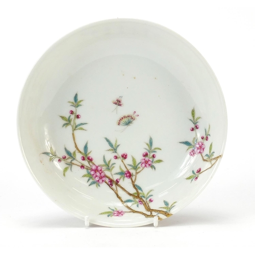 190 - Chinese porcelain shallow dish finely hand painted in the famille rose palette with butterflies amon... 