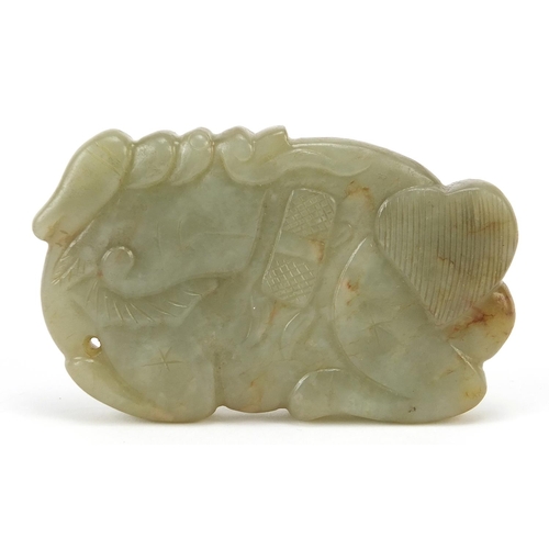 832 - Chinese green and russet jade carving of a mythical animal, 9cm wide