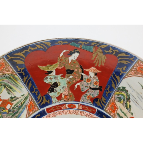 1002 - Japanese Imari porcelain charger hand painted with panels of figures and landscapes, impressed and p... 