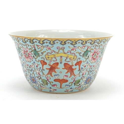 716 - Chinese porcelain turquoise ground bowl, finely enamelled in the famille rose palette with flower he... 