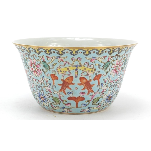 716 - Chinese porcelain turquoise ground bowl, finely enamelled in the famille rose palette with flower he... 