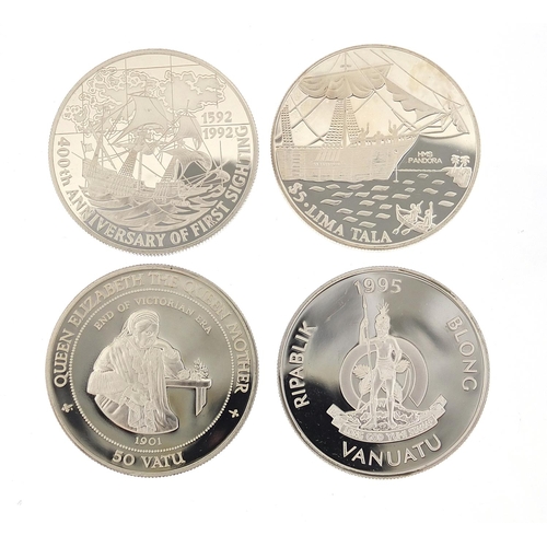 370 - Four silver commemorative coins including Queen Elizabeth, The Queen Mother, 120g