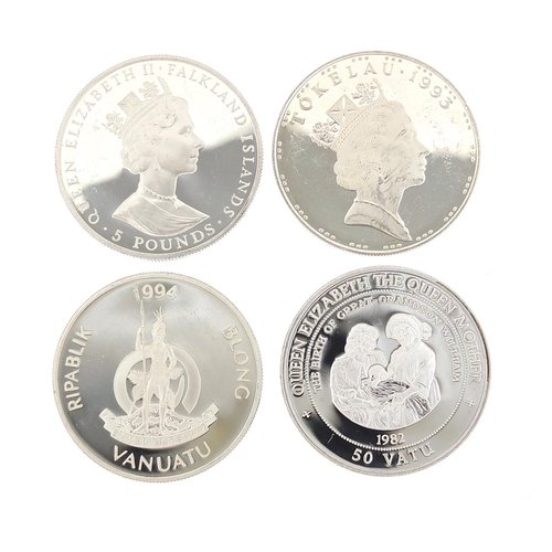 370 - Four silver commemorative coins including Queen Elizabeth, The Queen Mother, 120g