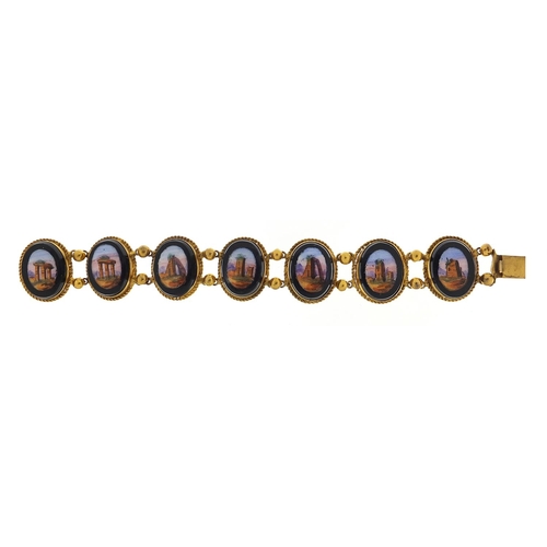 695 - Antique Italian gilt metal and black onyx, bracelet painted with ruins, 18cm in length, 36.8g