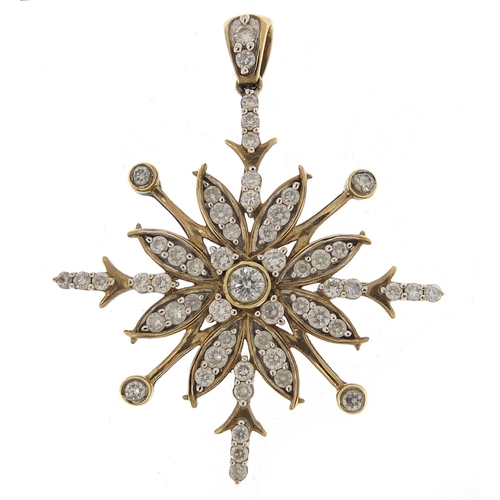 210 - 9ct gold diamond flower head pendant, 1.0 carat in total, 4cm high, 3.5g