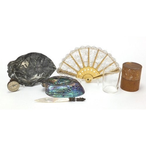 779 - Objects including a German compass, silver mounted abalone dish and Art Nouveau pewter dish with mai... 