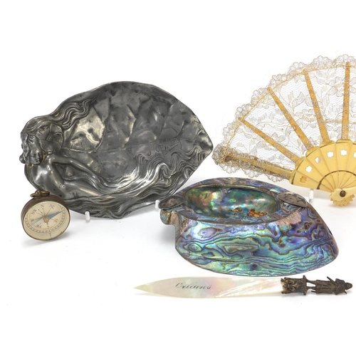 779 - Objects including a German compass, silver mounted abalone dish and Art Nouveau pewter dish with mai... 