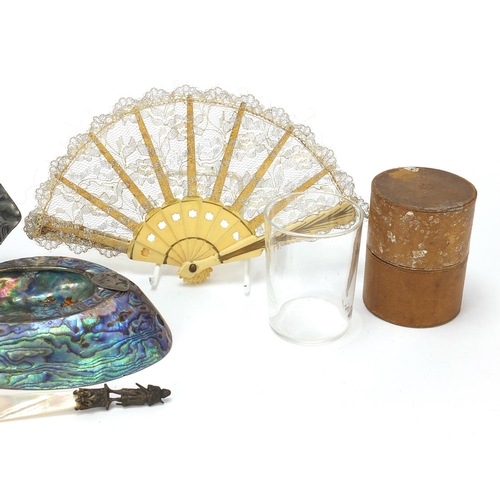 779 - Objects including a German compass, silver mounted abalone dish and Art Nouveau pewter dish with mai... 