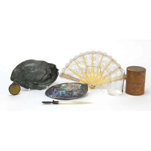 779 - Objects including a German compass, silver mounted abalone dish and Art Nouveau pewter dish with mai... 