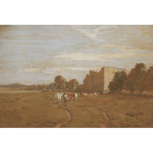 672 - Cecil Ross Burnett - Driver and cattle before a castle, watercolour, framed and glazed, 44.5cm x 30c... 