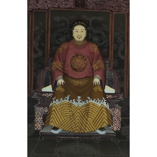 913 - Chinese glass panel reverse painted with an Emperor housed in a hardwood frame, 65cm x 44cm excludin... 