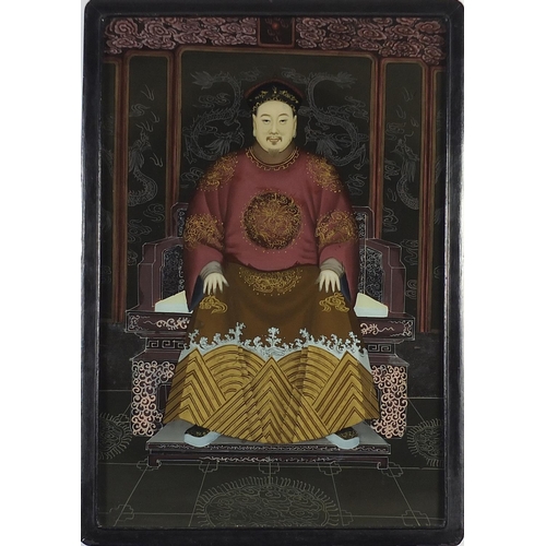 913 - Chinese glass panel reverse painted with an Emperor housed in a hardwood frame, 65cm x 44cm excludin... 