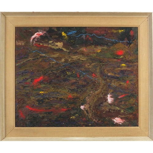 1105 - Abstract composition, impasto oil on board, mounted and framed, 66.5cm x 54cm excluding the mount an... 