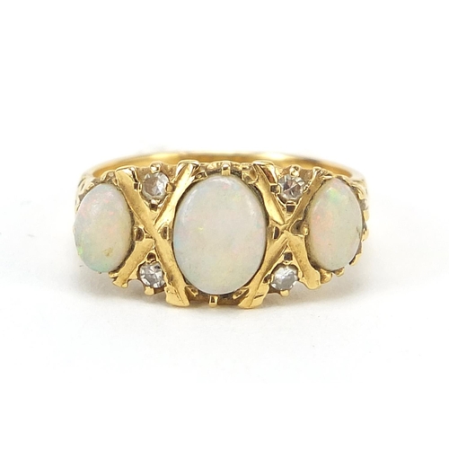 61 - 18ct gold cabochon opal and diamond ring, size N, 5.5g