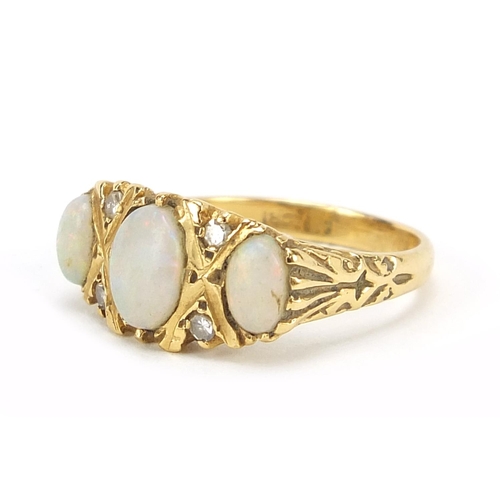 61 - 18ct gold cabochon opal and diamond ring, size N, 5.5g