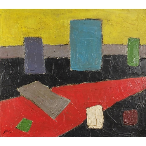 799 - Abstract composition, still life vessels, Russian school oil on board, framed, 92cm x 81.5cm excludi... 