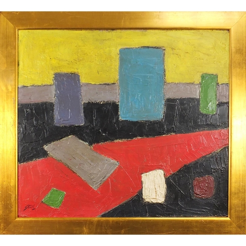 799 - Abstract composition, still life vessels, Russian school oil on board, framed, 92cm x 81.5cm excludi... 