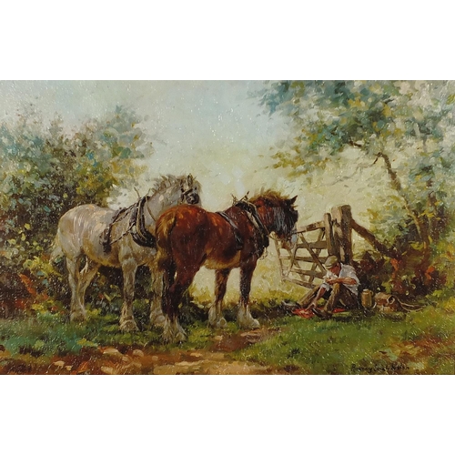 703 - Rosemary Sarah Welch - Figure and two horses, oleograph on board, mounted and framed, 63.5cm x 42cm ... 