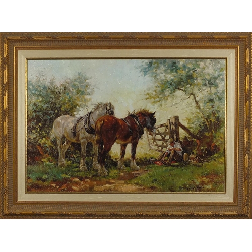 703 - Rosemary Sarah Welch - Figure and two horses, oleograph on board, mounted and framed, 63.5cm x 42cm ... 