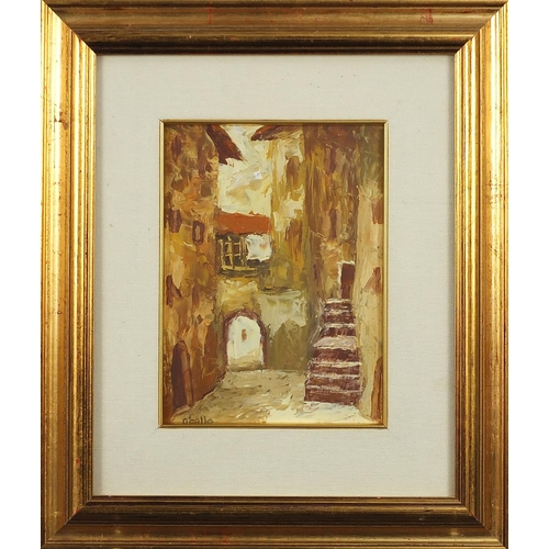 299 - Otello - Italian street scene, 20th century oil on board, mounted, framed and glazed, 22.5cm x 16cm ... 