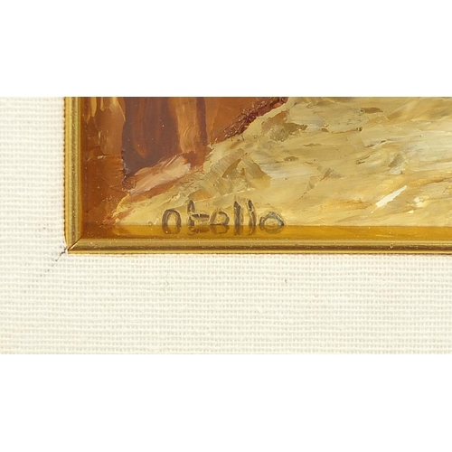 299 - Otello - Italian street scene, 20th century oil on board, mounted, framed and glazed, 22.5cm x 16cm ... 