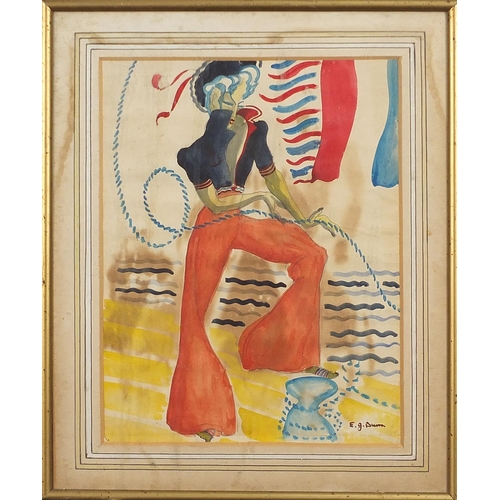 302 - Nautical girl at a dockside, watercolour, mounted, framed and glazed, 33cm x 25cm excluding the moun... 