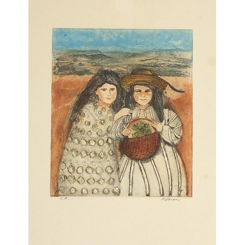 1107 - Edith Roman - Two girls, pencil signed etching in colour, framed and glazed, 49cm x 32cm excluding t... 