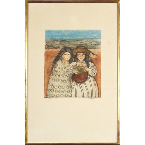 1107 - Edith Roman - Two girls, pencil signed etching in colour, framed and glazed, 49cm x 32cm excluding t... 