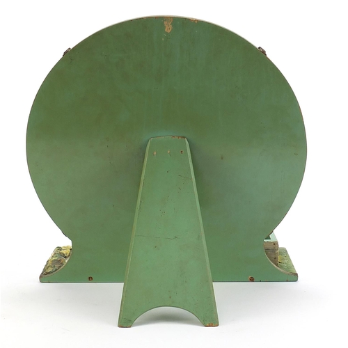 858 - Barbola style easel desk mirror with circular bevelled plate and compartment surmounted with a porce... 