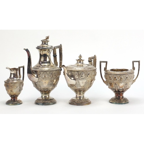 609 - Victorian silver plated four piece tea set engraved and embossed with flowers, the largest 30.5cm hi... 