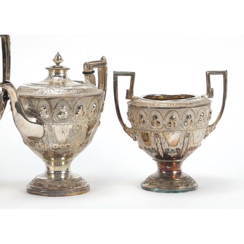 609 - Victorian silver plated four piece tea set engraved and embossed with flowers, the largest 30.5cm hi... 