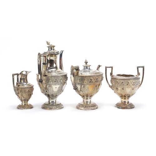 609 - Victorian silver plated four piece tea set engraved and embossed with flowers, the largest 30.5cm hi... 