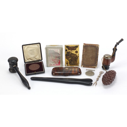 776 - Antique and later objects including ebonised gavel, medallion with fitted case, World War II Defence... 